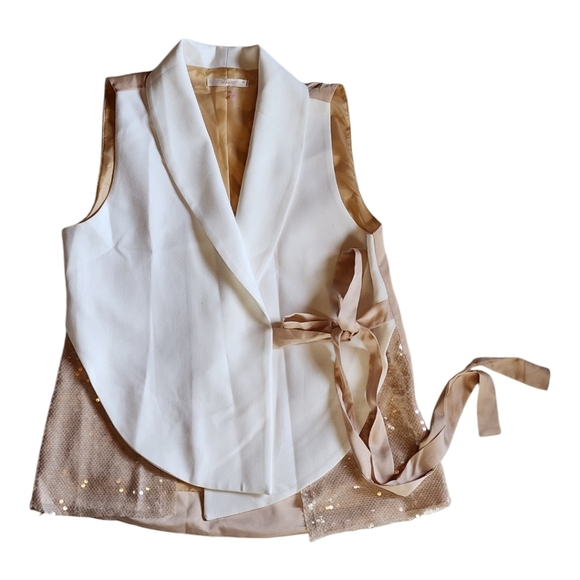 Miarte White Wrap Top with Sequin Accents Size 4 Sleeveless Satin Tie Blouse - Picture 2 of 8